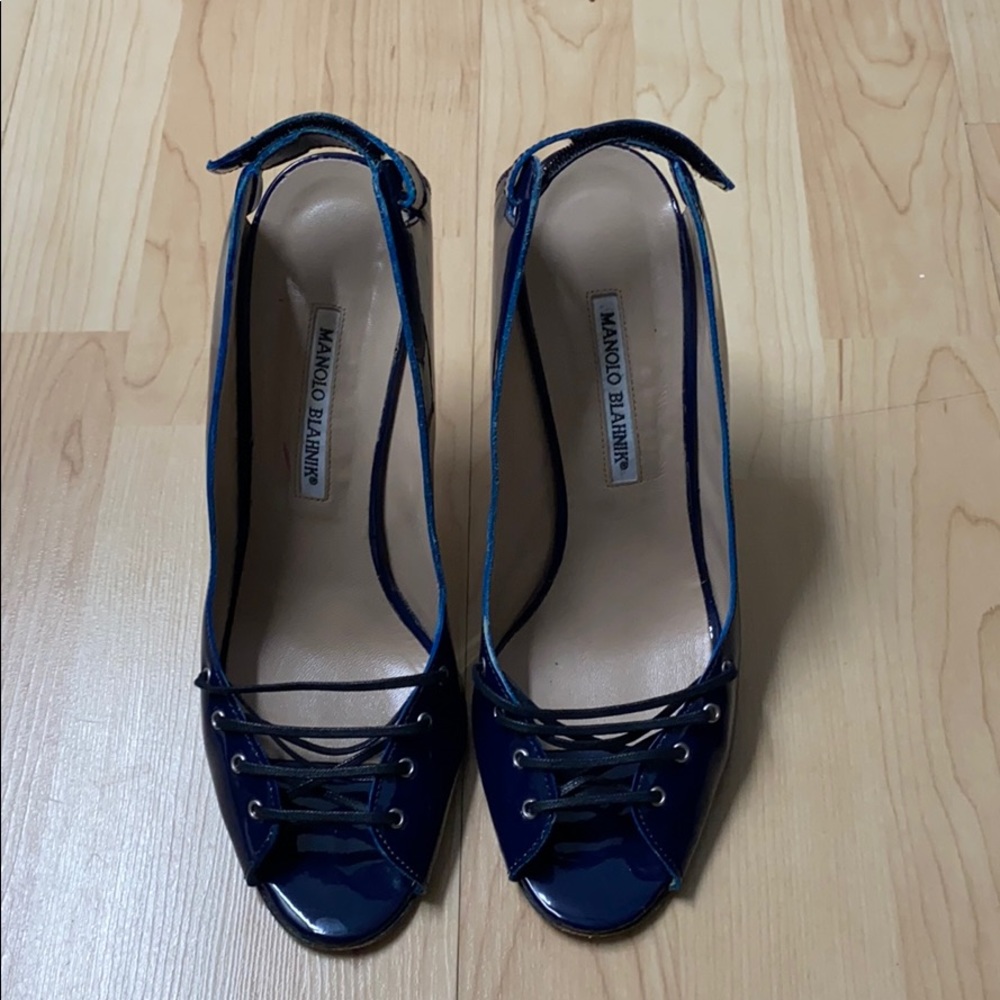 Manolo Blahnik Patent Open-toed Heels